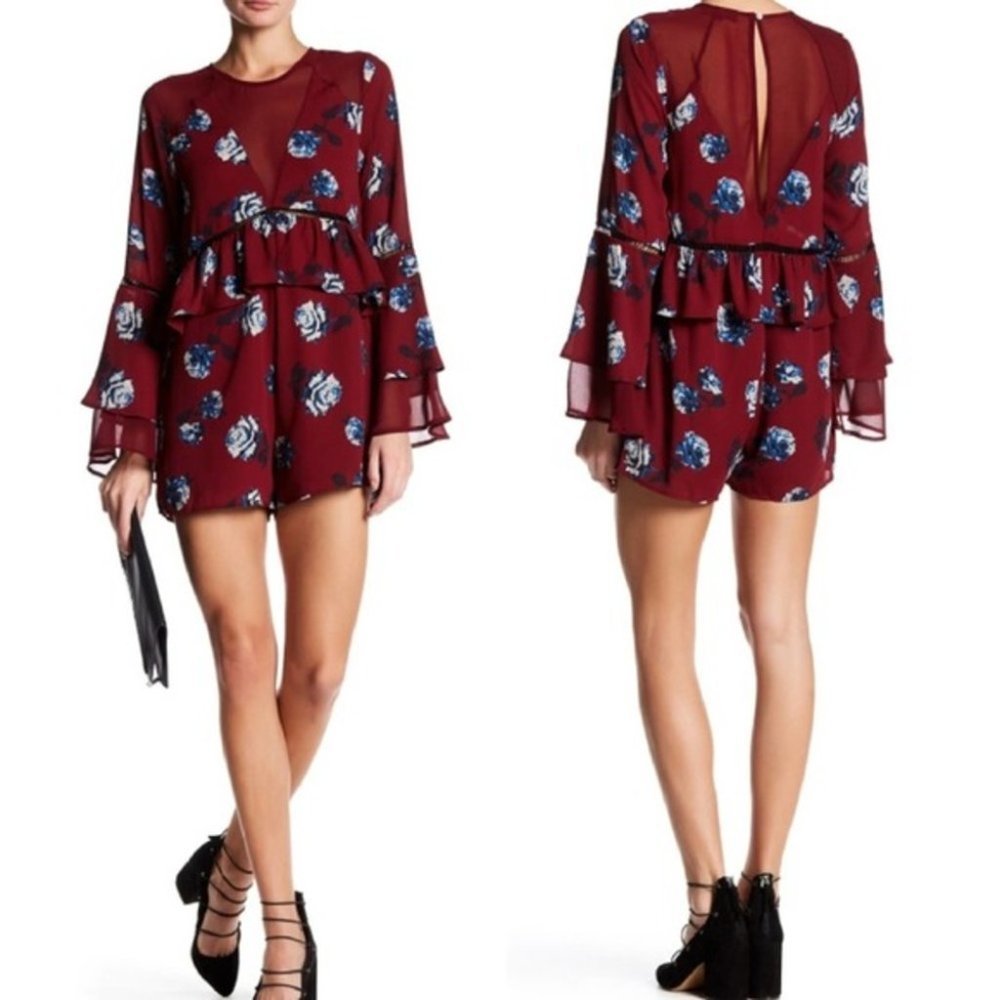 Gianni Bini Wine & Roses Bellsleeve Flutter Romper
